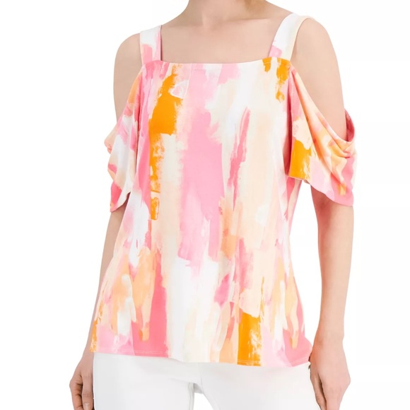 JM Collection Tops - JM Collection Pink Gem Combo Cold Shoulder Tee in Medium Petite